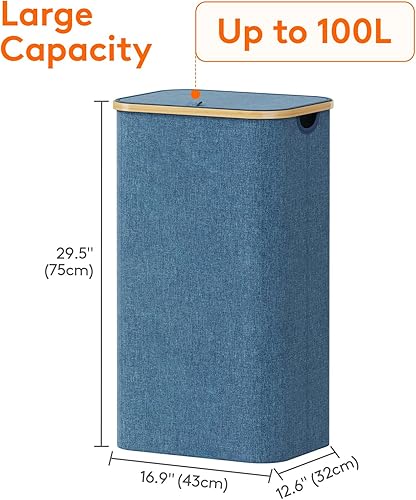 Miniatura 204 de Lifewit Cesta grande de 100 litros con tapa para ropa con asas de bambú y bolsa extraíble, plegable para dormitorio, baño, residencia universitaria