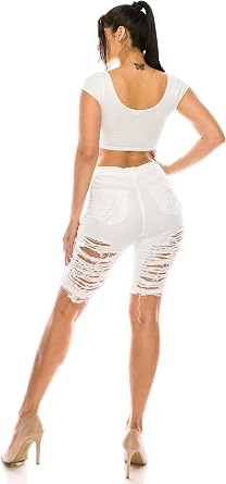Aphrodite Ripped Bermuda Shorts Jeans - Women's High Waisted Destroyed Distressed Fashion Denim Crop Pants