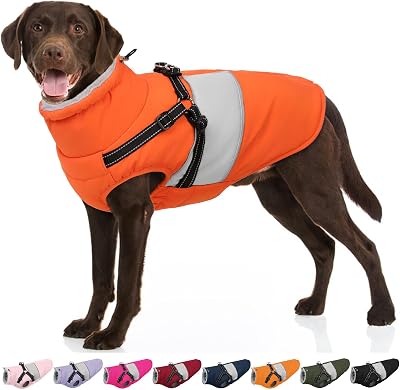 SUNFURA Dog Jacket, Large Dog Coat with Harness Built in, Warm Pet Winter Jacket Zippered Snow Coat with Furry Collar, Waterproof Fleece Snowsuit for French Bulldog, Orange L