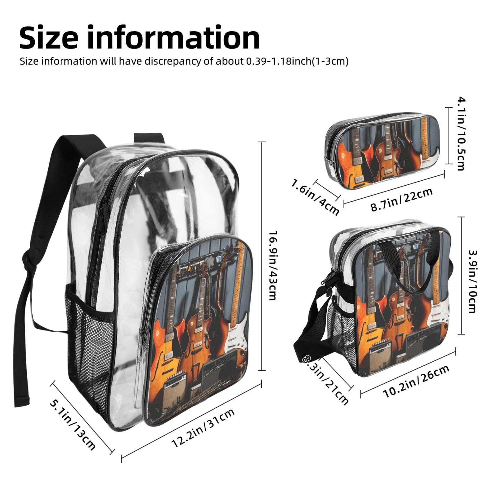 Gitara elektryczna nadruk przezroczysty plecak zestaw unisex 3-częściowy przezroczysty torba na lunch piórnik podróżny na zewnątrz