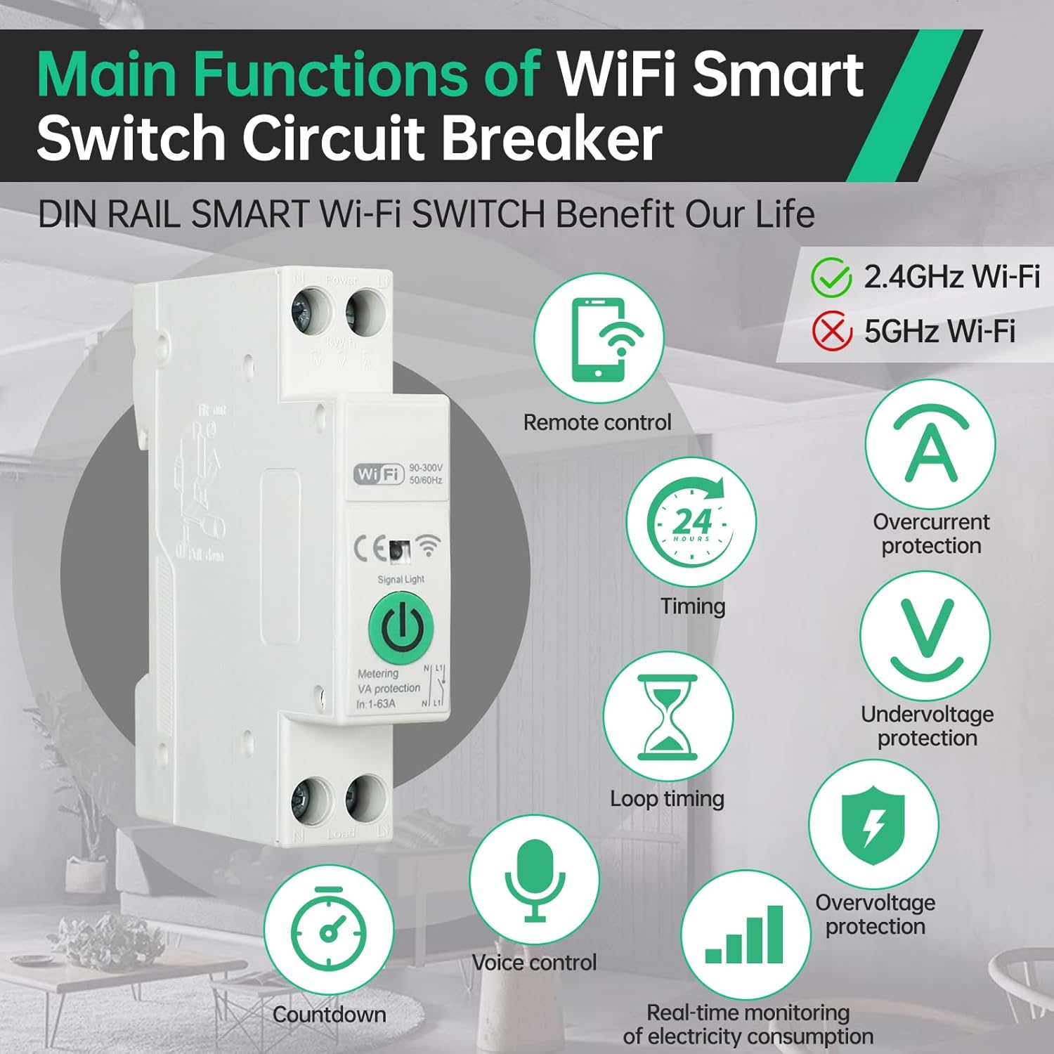 WiFi Smart Switch Breaker, 1-63A Adjustable WiFi Circuit Breaker, Smart Life/Tuya APP Remote Control Switch Timer Monitor Voltage Power Energy Usage, Compatible for Alexa Google Home DIN Rail