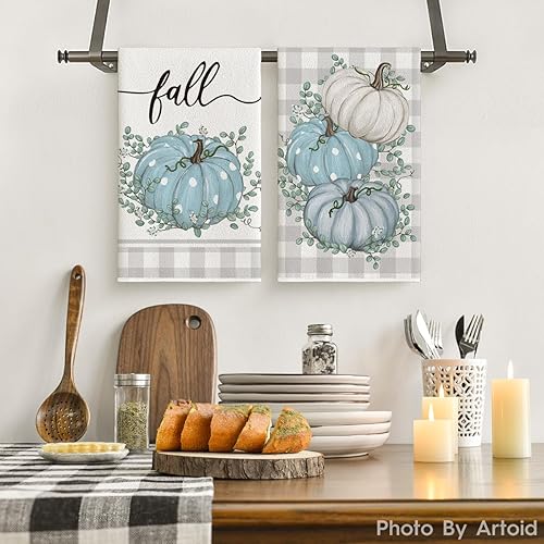 Miniatura 2 de Artoid Mode Juego de 2 toallas de cocina de otoño con hojas de eucalipto y calabaza, 18 x 26 pulgadas, decoración de Acción de Gracias