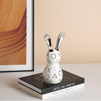 Modern Geometric Ceramic Rabbit Sculpture - Crackle Glaze & Silver Electroplated Ears (31cm/24cm) - Abstract Home Decor Art Gift(11.8 * 9.5 * 24cm)