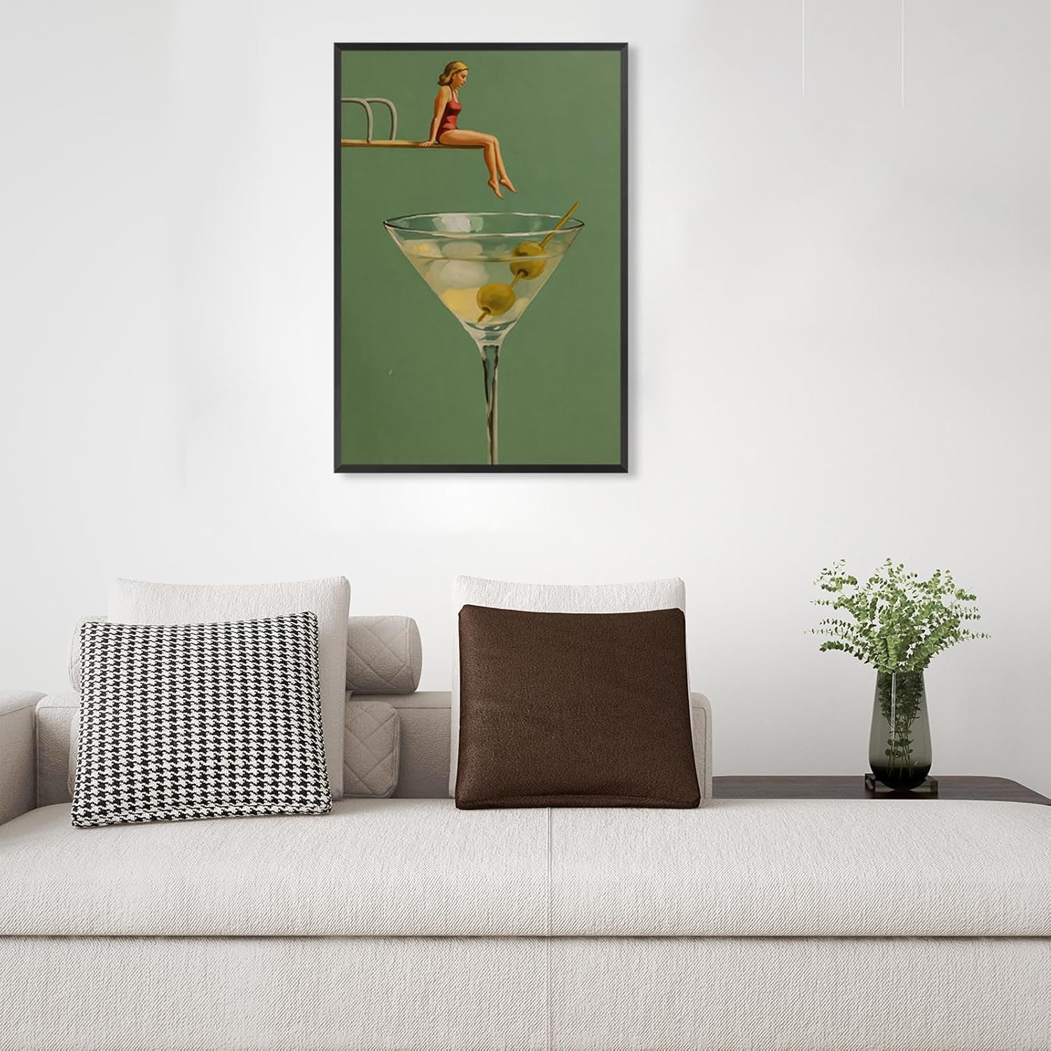 Vintage Surreal Martini Canvas Wall Art Funny Cocktail Diving Board Women'S Posters Trendy Sage Green Alcohol Aesthetic Prints Painting For Home Kitchen Dorm Wall Decor 16x24in Framed