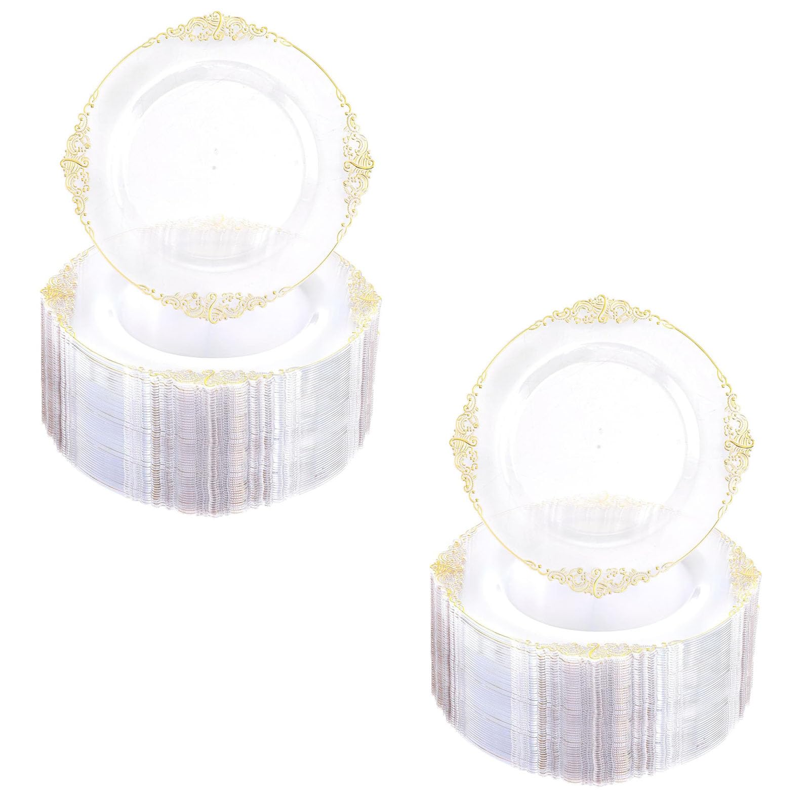 Morejoy Gold Plastic Disposable Plates 200pcs - 10.25inch and 7.5 inch Clear and Gold Dessert Plates, Clear Plastic Plates with Gold Rim for Weddings&Party&Mother'sDay&Shower