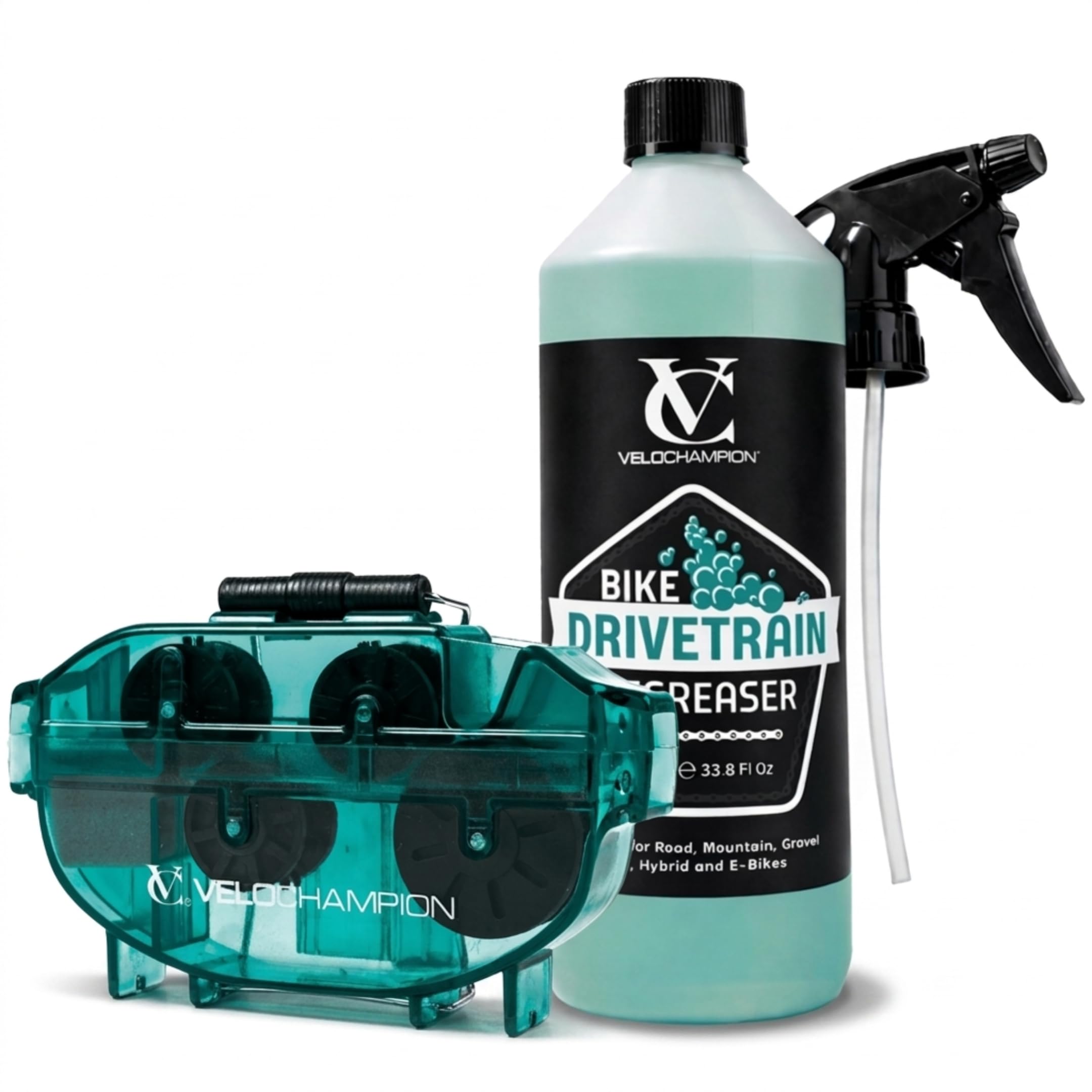 VeloChampion Kit de Nettoyage de Chaîne Vélo Vert & Spray Dégraissant 1 L | Élimine saleté & rouille avec un dégraissant biodégradable à action rapide pour une transmission propre sur tous les vélos.