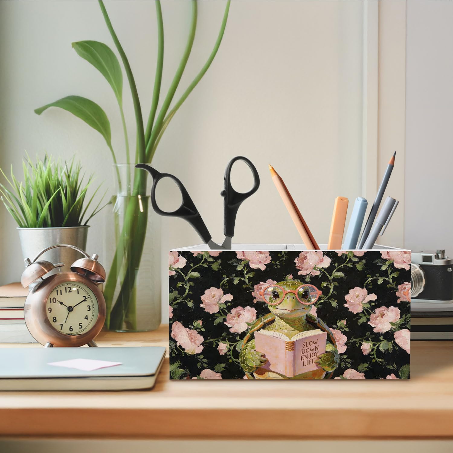 Portapenne motivazionale per scrivania, motivo: tartaruga rosa, rosa, floreale, scatola in legno, decorazione da scrivania, per angolo lettura, decorazione per la stanza, regalo per amanti