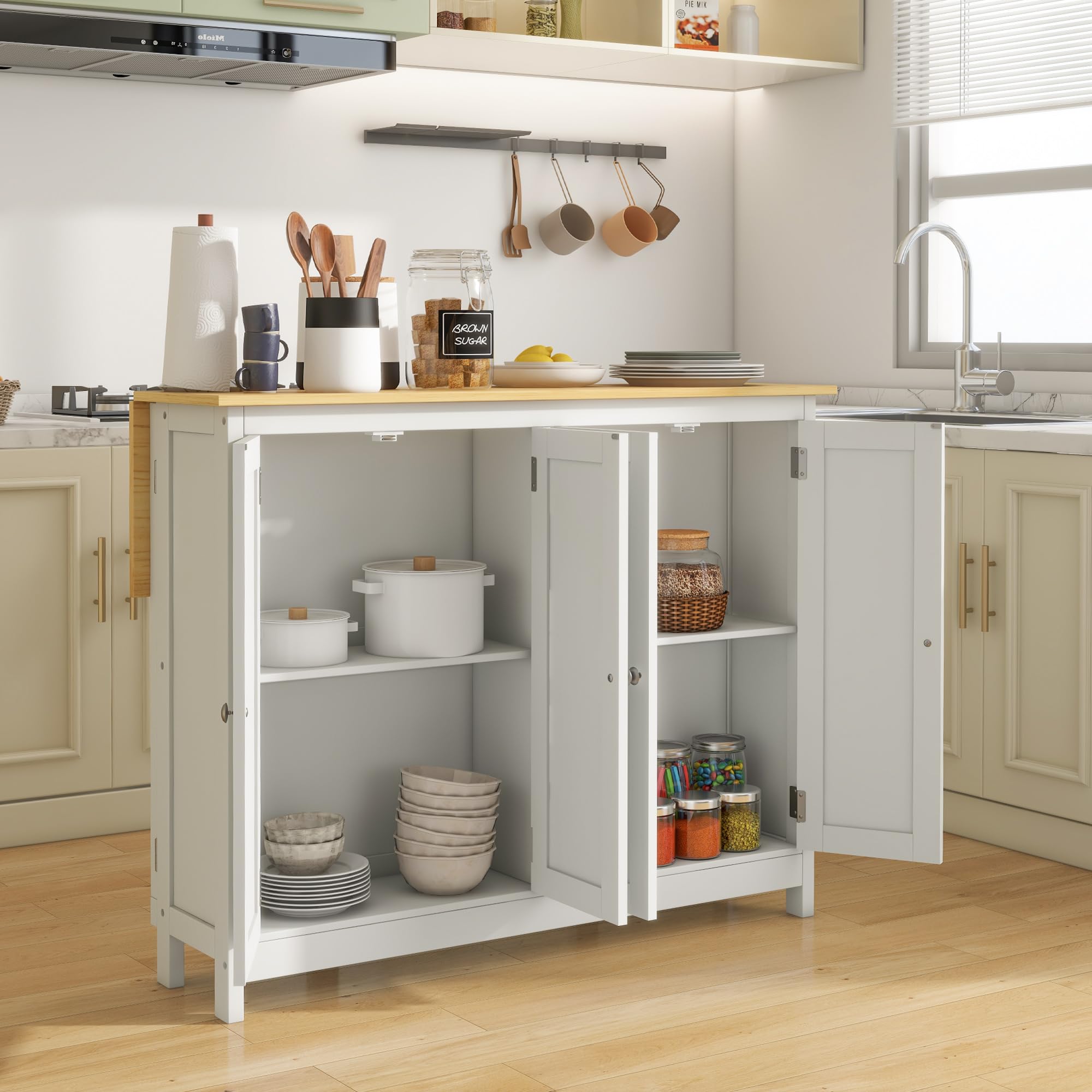 HOMCOM îlot Central de Cuisine avec 2 tabourets, Ensemble Table et Tabouret de Bar, avec 2 armoires, Rangement et Plan de Travail Rabattable, 4 Portes, Design Moderne, Blanc