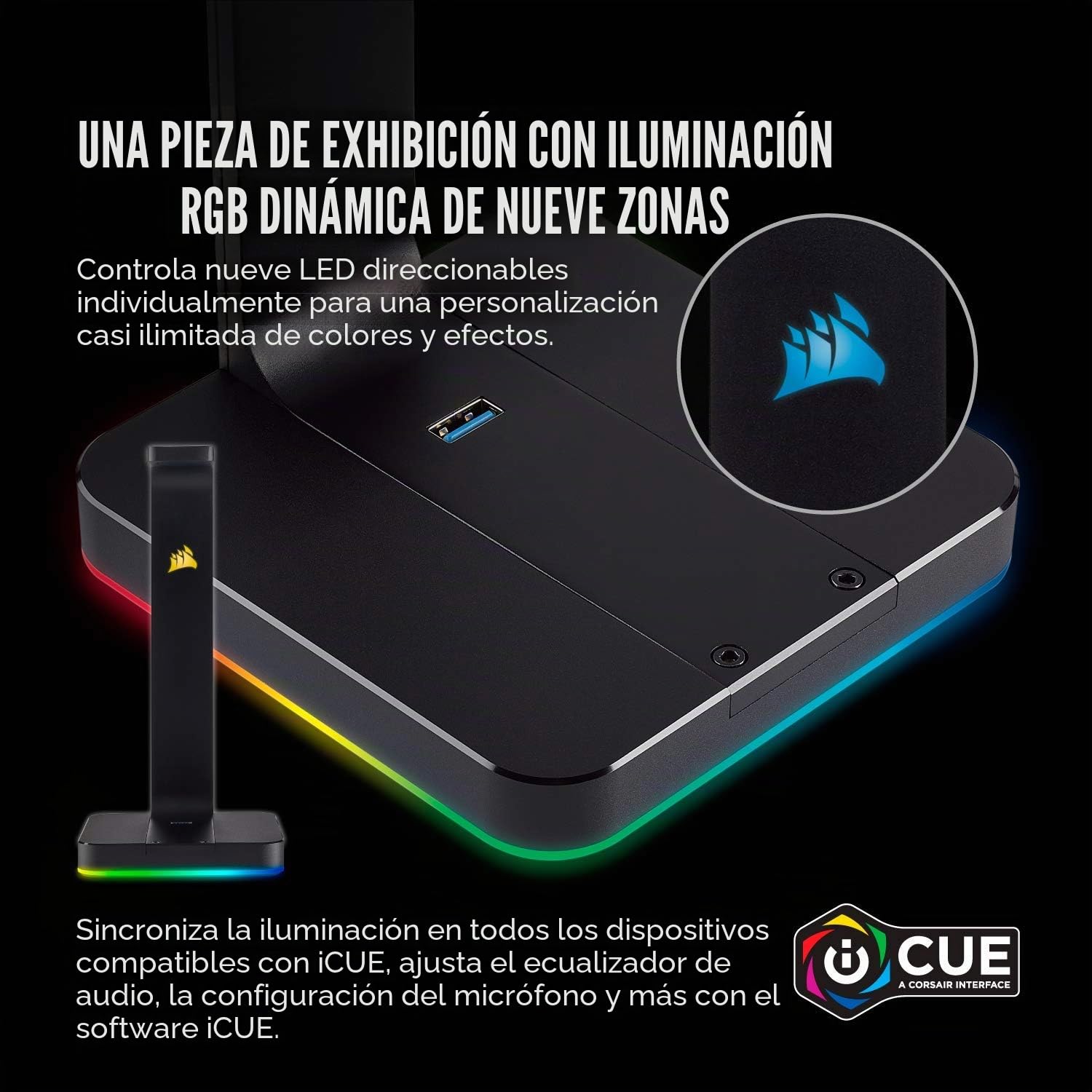 Corsair ST100 RGB Premium Interior Negro - Soporte (Auriculares, Interior, Negro, Respaldo)