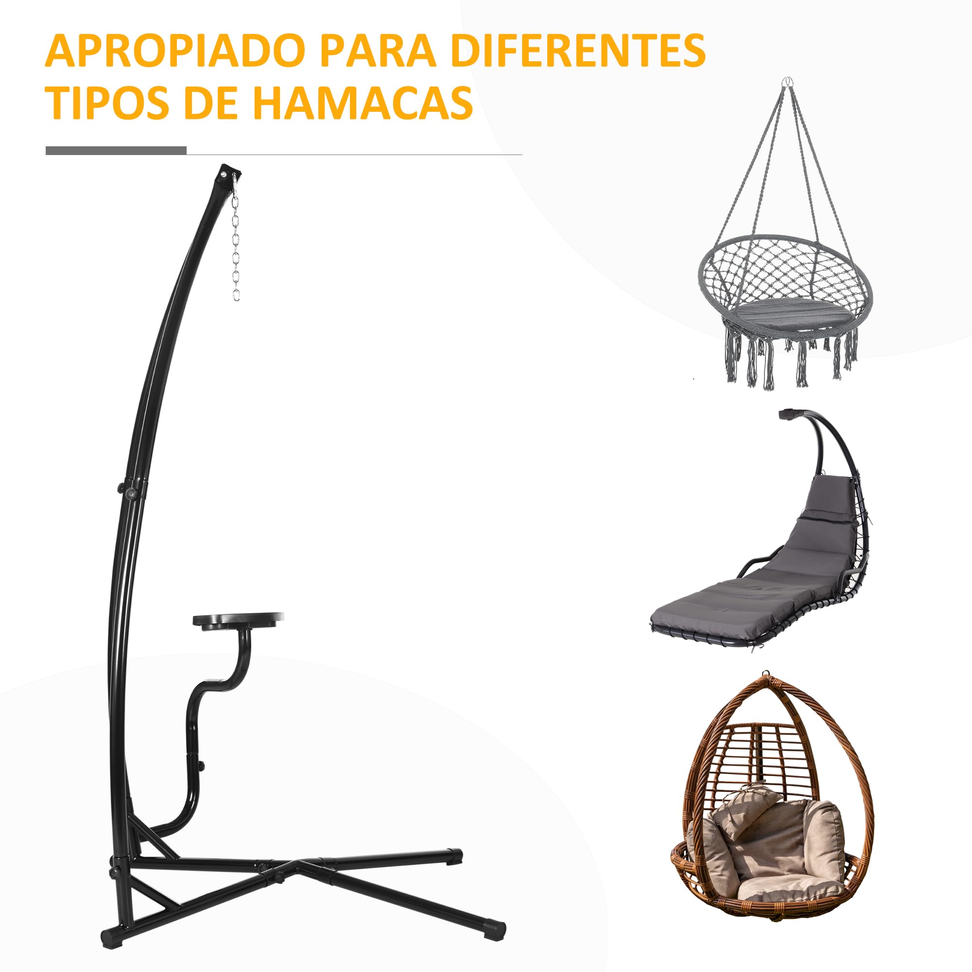 Outsunny Soporte para Silla Colgante 190 cm Sostén para Columpio con Mesita Lateral Carga Máx. 120 kg Estructura de Metal para Patio Jardín Negro