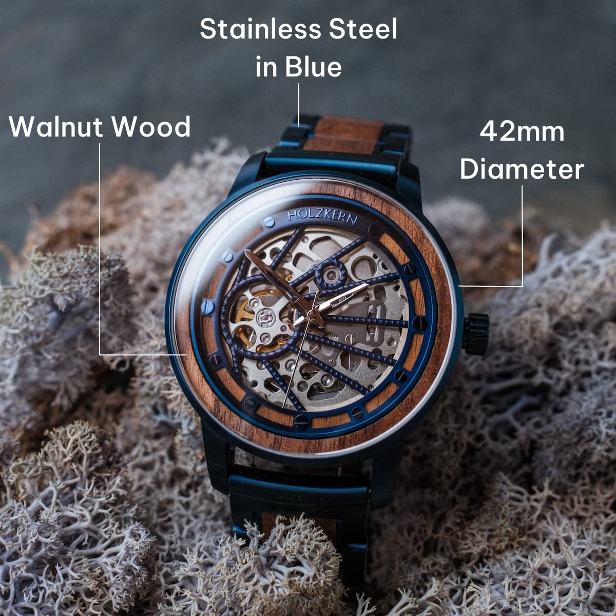 HOLZKERN Cobalt Men’s Watch 42mm Blue Stainless Steel Skeleton Dial  Adjustable Walnut Wood Bracelet Strap Unique Watch for Men with Sapphire  Crystal