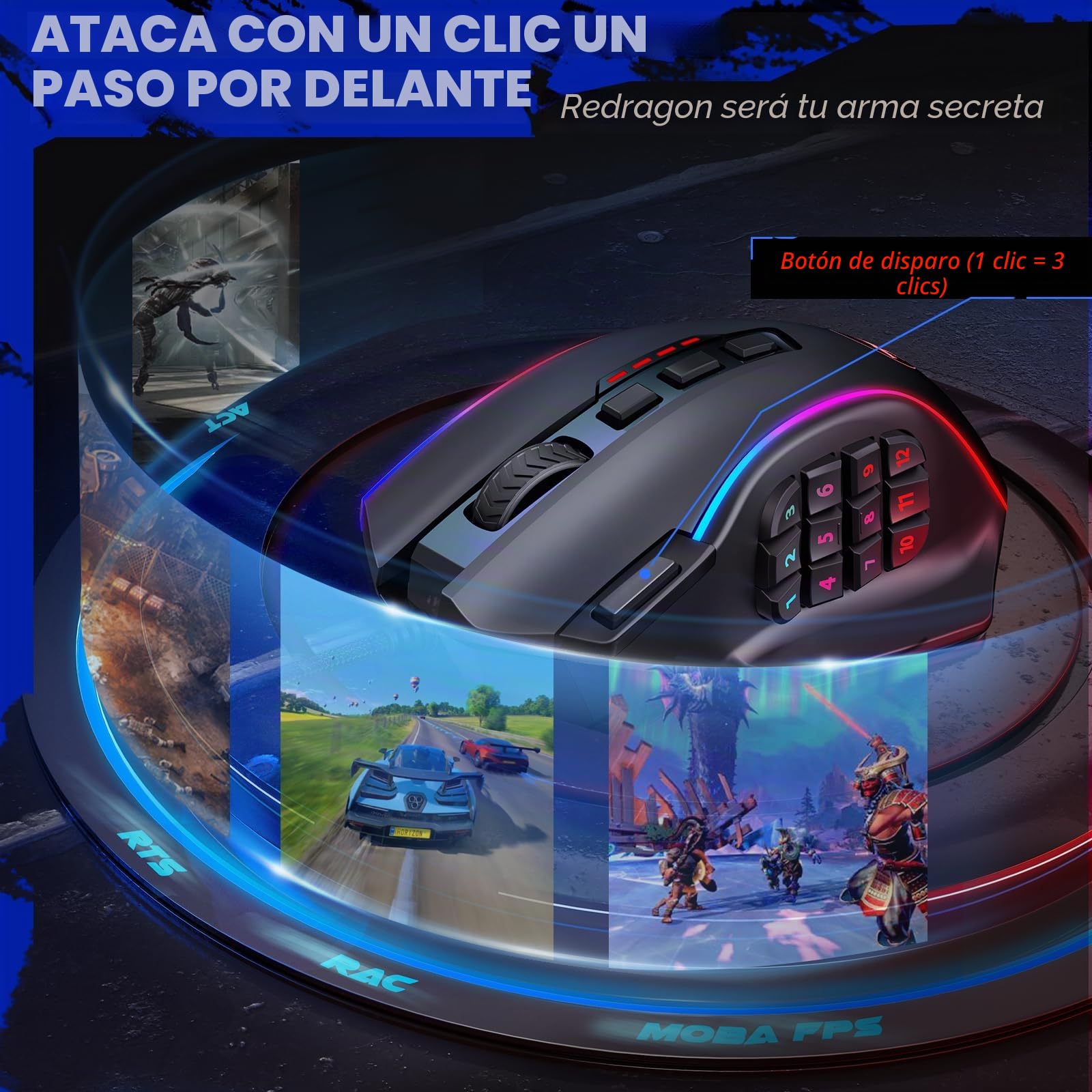 Redragon - mouse para juegos, MMO Mouse Gaming UP 12400 DPI, 19 botones programables macro, mouse RGB con 12 botones laterales, 8 ajustes de peso de 2,4 g para PC portátil MOBA FPS, M901K, negro