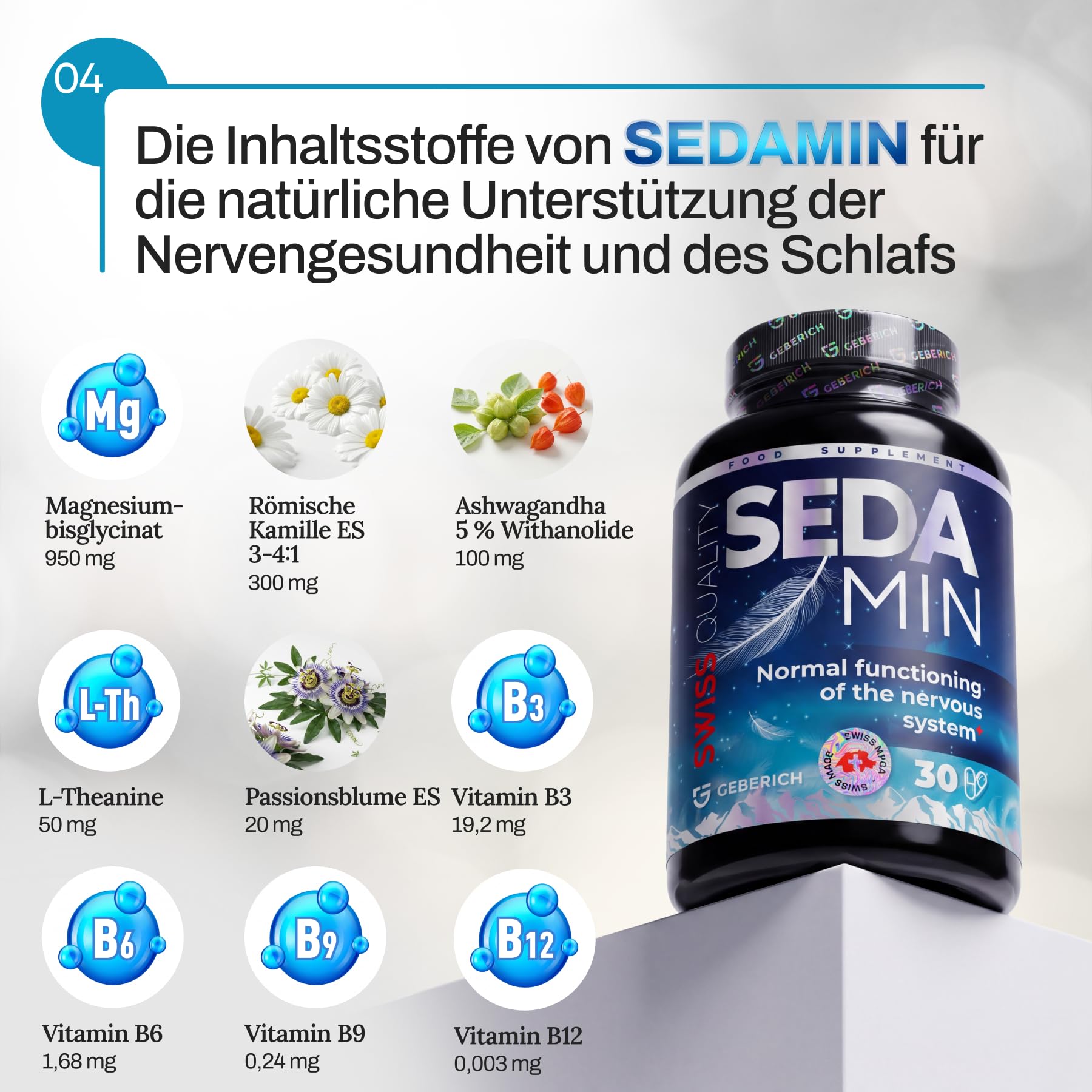 Kapseln SEDAMIN | Für mentale Entspannung und erholsamen Schlaf | Mit Ashwagandha, Passionsblume, Magnesiumglycinat und Vitamin-B-Komplex | 30 Kapseln