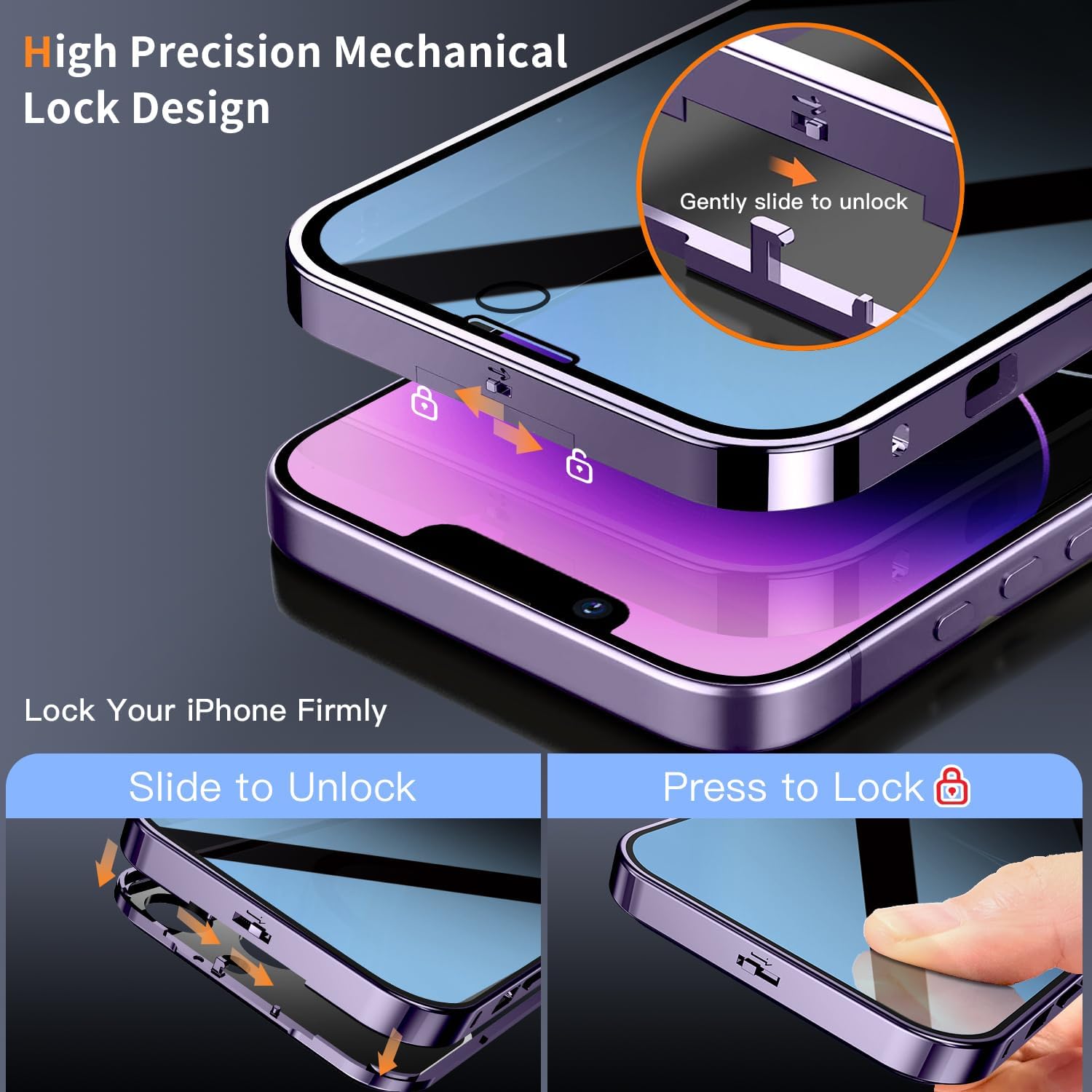 [Full Camera Protection& Mechanical Lock]Magnetic Privacy Case for iPhone 14 Pro Max[Compatible with MagSafe][CD Metal Ring]Full Body Shockproof Metal Bumper, 9H Anti Peeping Glass Cover-Purple - Image 3