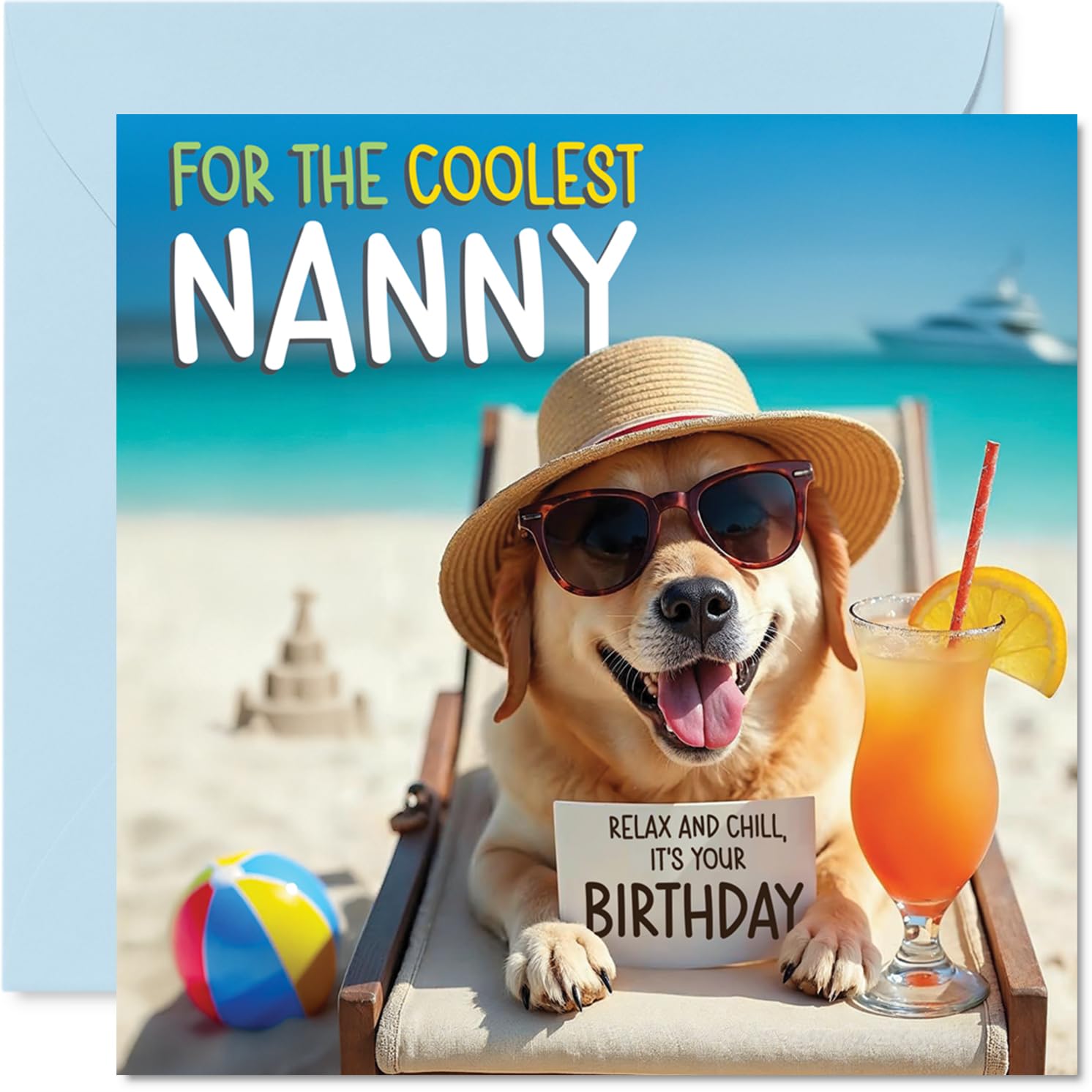 Nanny Birthday Card - Chill Beach Dog - Happy Birthday Card for Nanny from Grandson Granddaughter, 145mm Chill Beach Dog Bday Greeting Cards