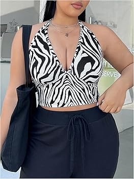 WDIRARA Women's Plus Size Zebra Print Halter Crop Top Sexy