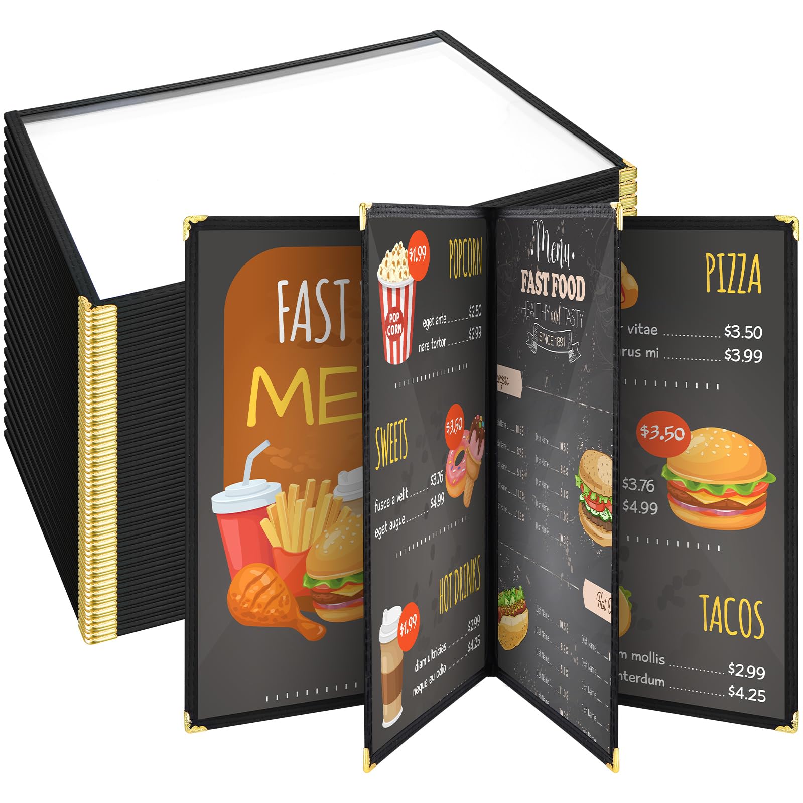 Cinnvoice 24 fundas para menú de restaurante de 8.5 x 11 pulgadas, estilo libro, 4 páginas, 8 vistas, PVC, transparente, soporte para menú, libro para cafetería, bar, hotel, color negro