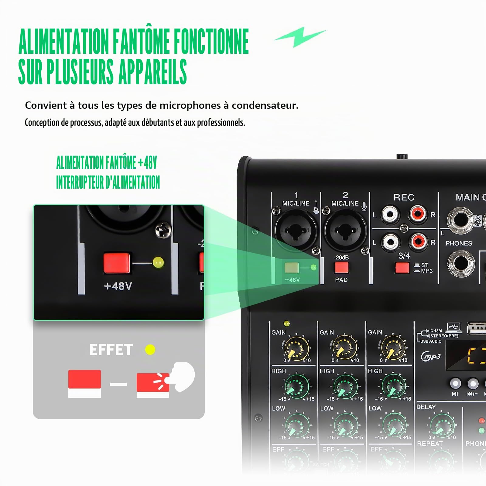 Console de mixage audio M4 canaux 48 V pour studio karaoké portable