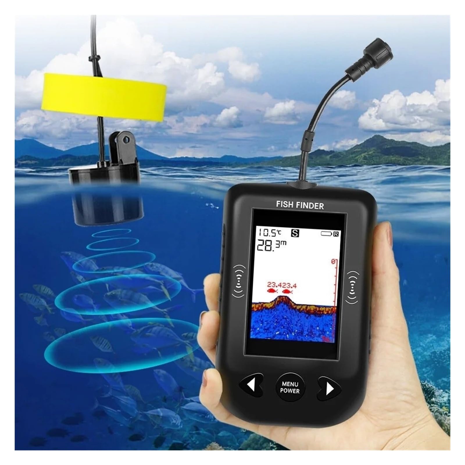 Detector de Peces, 45 Grados de buscadores Peces Pantalla LCD Sonar portátiles Profundidad 100M