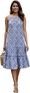 Yash Gallery Women’s Geometric Print Adjustable Spaghetti Straps A-Line Midi Dress | Lightweight Summer Dress with Frill H... Price In India