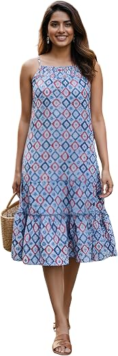 Yash Gallery Women’s Geometric Print Adjustable Spaghetti Straps A-Line Midi Dress | Lightweight Summer Dress with Frill H...