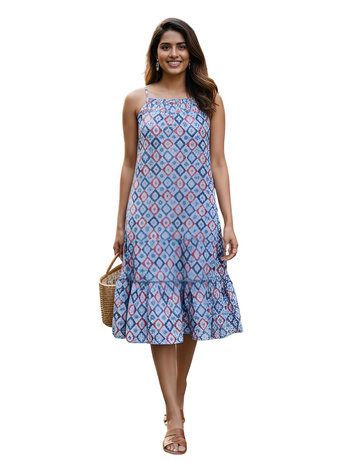 Yash Gallery Women’s Geometric Print Adjustable Spaghetti Straps A-Line Midi Dress | Lightweight Summer Dress with Frill Hem | Casual for Office, Brunch & Vacations