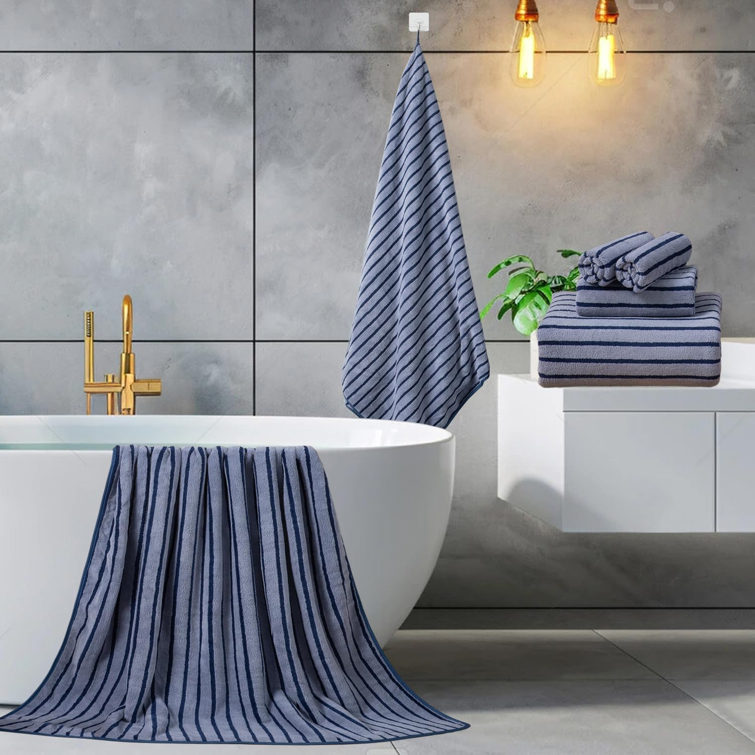 Mistyrose Bath Towels,8 Pack Large Bathroom Towels Set Super Absorbent Microfiber Towel Sets-2 Oversized Bath Sheets 2 Hand Towels and 4 Washcloths for Family Hotel Spa Gym(Navy Stripe)