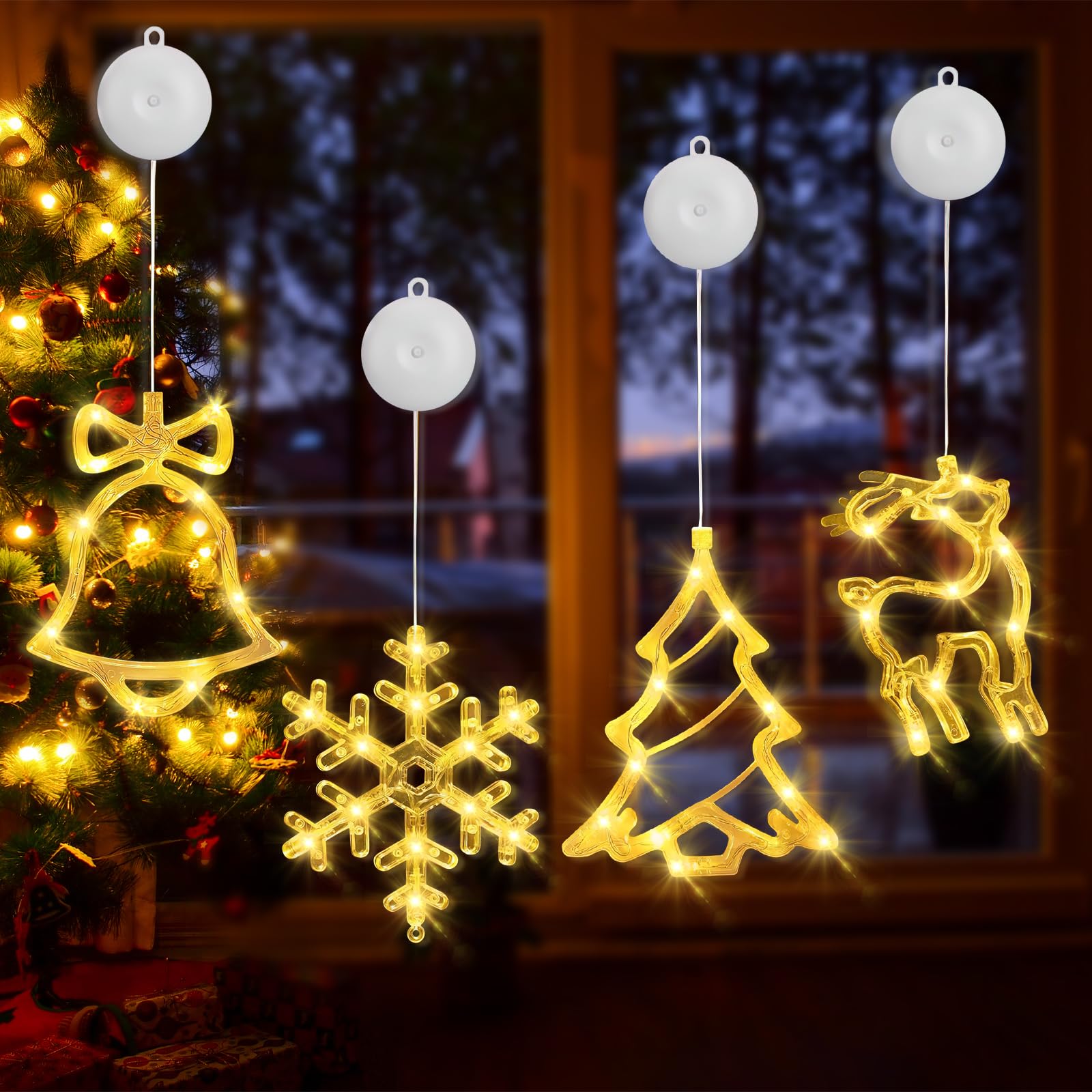 Hillylolly Luces de Navidad Ventana 4 Piezas Luces de Navidad para Ventana, Luces de Decoración Navideña, Luces de Navidad con Pilas, Cortina de Luces Navidad, Luces Navideñas, Luces Navidad Interior
