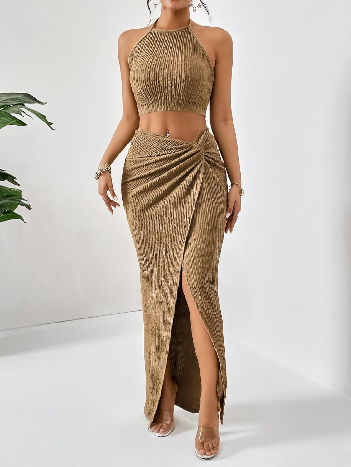 Women's 2 Pieces Outfit Textured Halter Crop Top and Twist Front Split Thigh Maxi Skirt Set - Image 6
