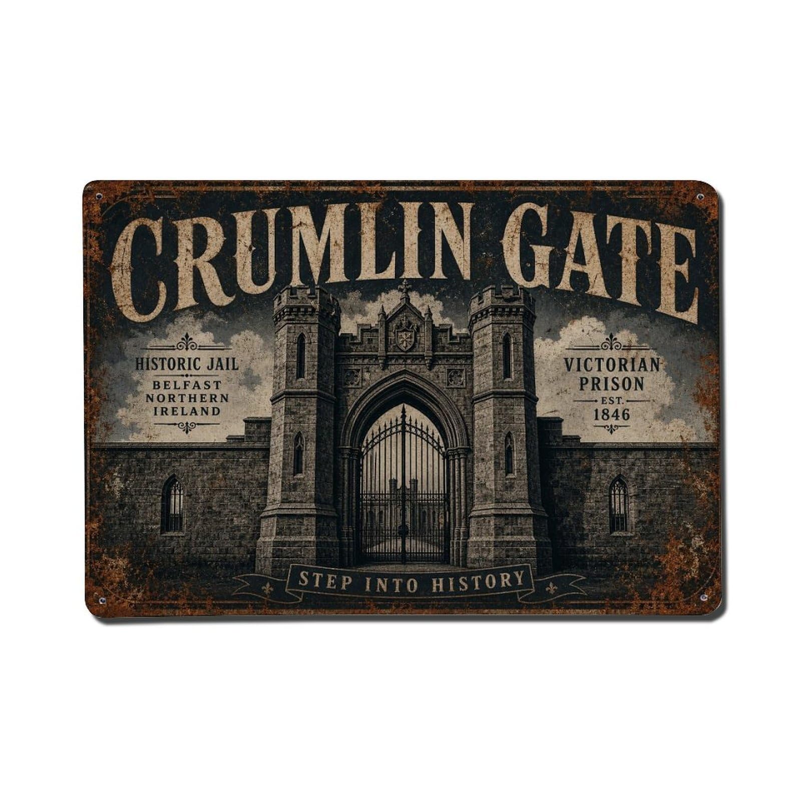 Belfast Victorian Prison Gate Historic Landmark Metal Tin Sign Plaque Wall Decor for Cafe, Man Cave, Club Bar, Office, Home Garden Round Metal Poster 8x12Inch