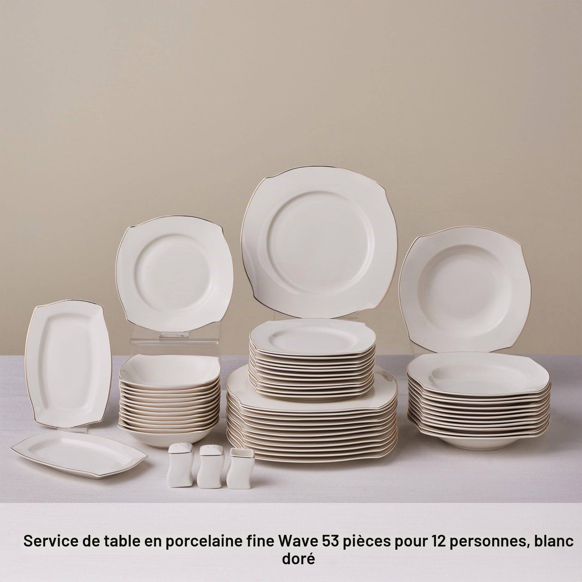 Karaca Service de Table 53 Pièces pour 12 Personnes, Vaisselle en Porcelaine Fine avec Assiettes, Bols, Carré Plats de Service, Salière et Poivrière, Élégant et Idéal pour les Occasions Spéciales