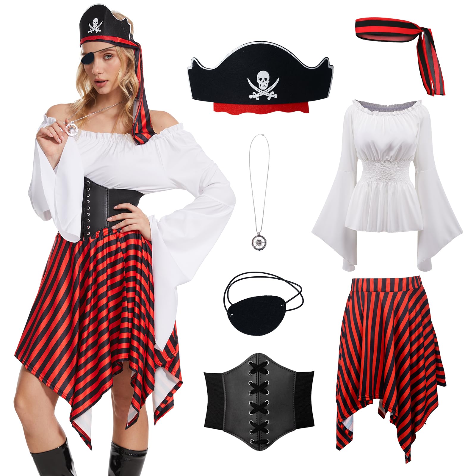 YQVGFBY Piratenkostuum voor dames, piratenjurk set, middeleeuwse Viking kleding voor dames, renaissance jurk, piratenkostuum voor vrouwen voor Halloween, carnaval, cosplay (wit, M