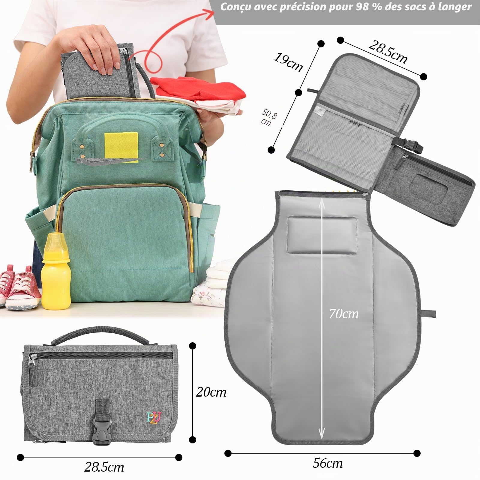 Matelas à langer portable - Matelas à langer de voyage avec poche et coussin de tête - Imperméable - Gris