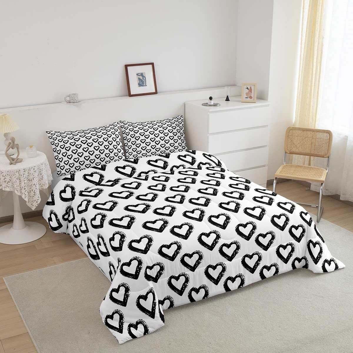 jejeloiu Heart Love Queen Size Bedding Set Boys Girls Geometry Love Pattern Comforter Set for Kids Ultra Soft Modern Comforter Black White Duvet Set Room Decor Quilt Set