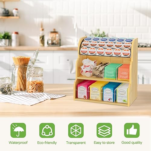 Miniatura 6 de LASZOLA Organizador de bolsas de té y café de bambú para gabinete, mostrador de oficina, 3 niveles de gran capacidad vertical K Cup y estante de