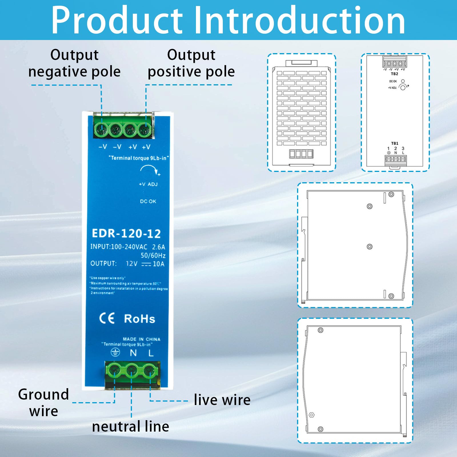Alimentation Rail Din 24 V, 240 W 10 A Ca Entrée 100-220 V Sortie CC Alimentation à Découpage Industrielle avec Fonctions De Protection Modèle Ndr-240w-24