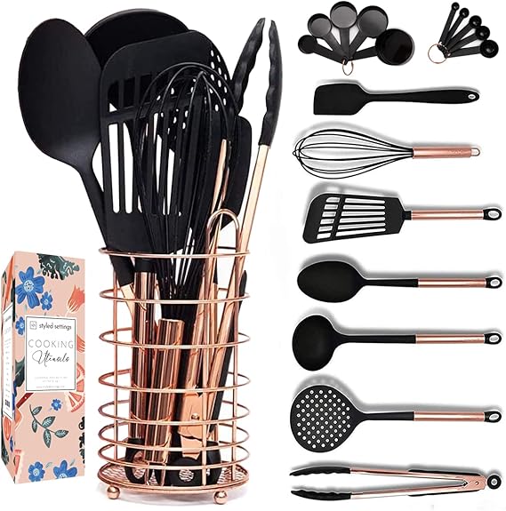 Black and Copper Kitchen Utensils w/Copper Utensil Holder