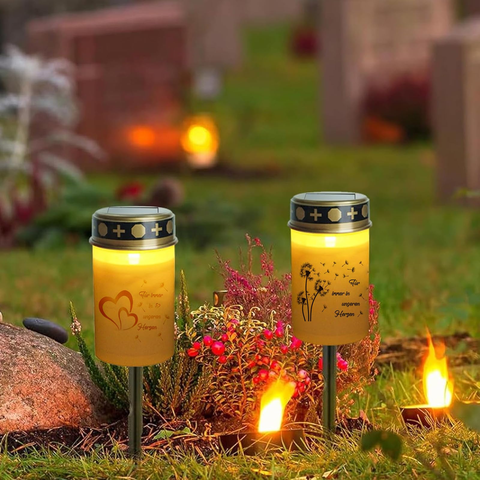 Solar Grabkerze Friedhof 2 Stück HUIKUANGEU Solar-Grabkerze, 2 Stück LED Grablicht Mit Bodennagel, Wasserdicht, Inkl. Aufkleber, Für Friedhof & Urnengrab