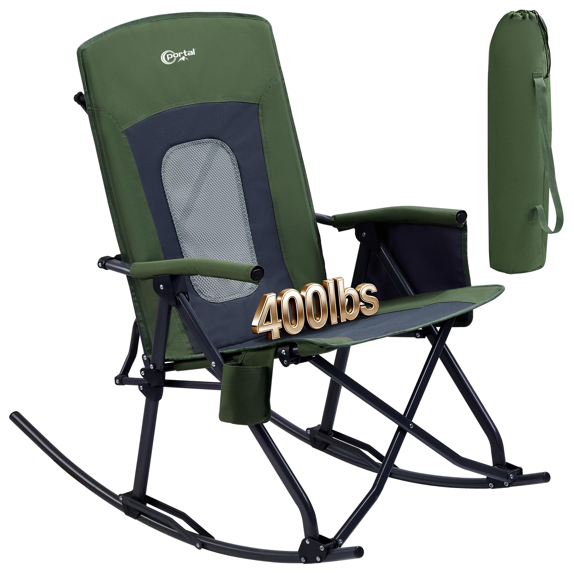 PORTAL Oversized Folding Rocking Camping Chair Portable Outdoor Rocker with High Back Hard Armrests Carry Bag, Supports 400 lbs