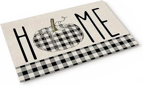 Miniatura 1 de Tapete de puerta de calabaza a cuadros de búfalo para decoración de otoño, tapete de piso de Acción de Gracias para decoración de dormitorio,