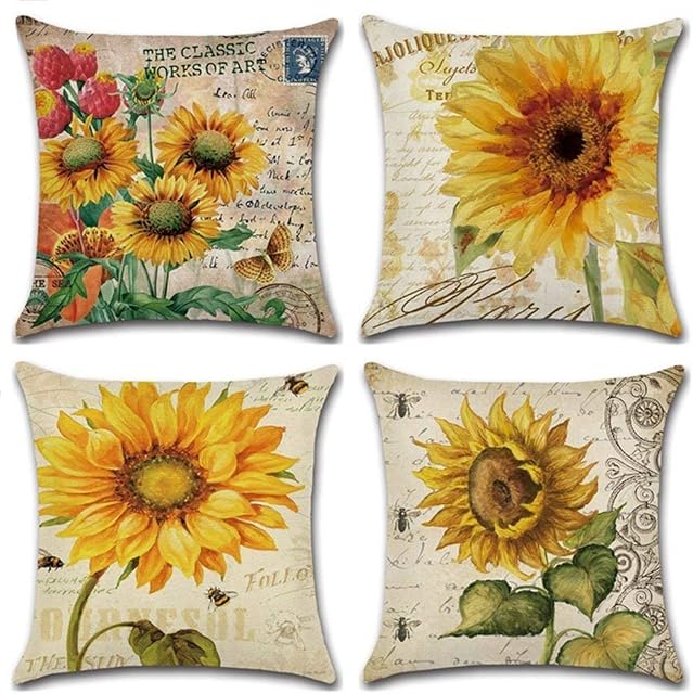 Freeas Set of 4 Sunflowers Pillow Cases, Throw Cushion Cover Cotton Linen Pillowcase Home Decoration,45x45cm