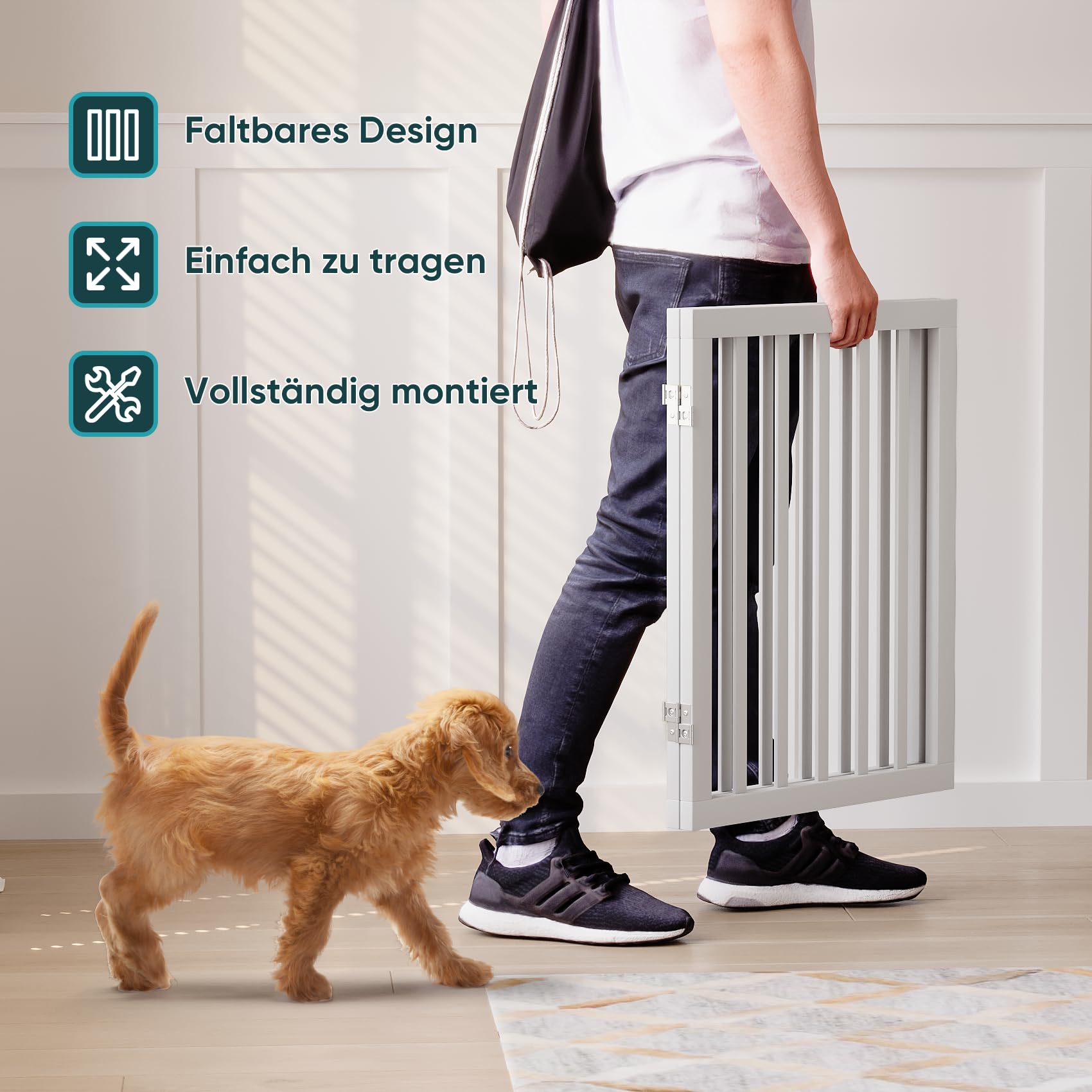 Semiocthome Freistehende Baby- & Haustiergitter aus Bambus, Hunde- und Katzengitter für Türen, Treppenschutzgitter für Welpen, Faltbare Sicherheitsgitter (Weiß, 2 Platten - 90cm Breit) - 3