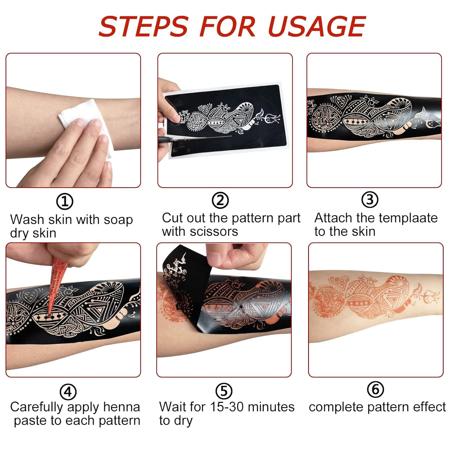 Reusable Henna Stencil with Rose and Floral Design, Temporary Tattoo Body Art Template for Hands and Fingers 3