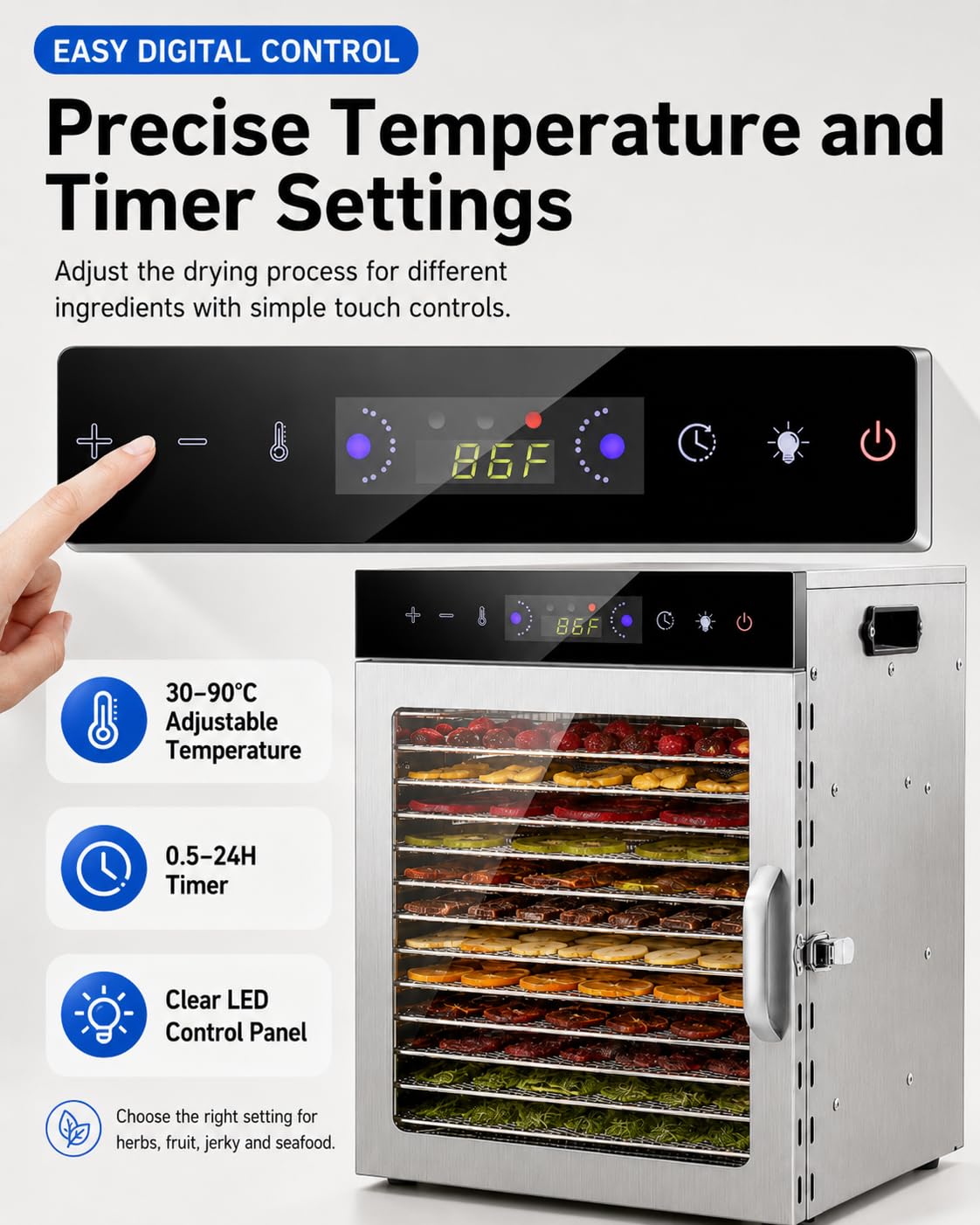 Essiccatore Per Alimenti Con 12 Vassoi In Acciaio Inox E Luce LED