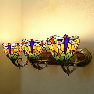 Retro Dragonfly Wall Sconce Lamp, 3 Head Wall Lamp Antique Light Style Stained Glass Wall Dragonfly Over Mirror Lampshade E27 Colorful Glass Tiffany Victorian Wall Sconce Lighting for Bedroom