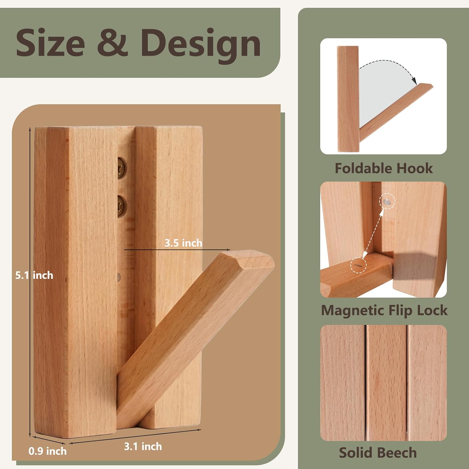 2 Pack Solid Wood Foldable Wall Hooks, Heavy Duty Space Saving Coat Hooks | Solid wood foldable wall hooks hold 25 lbs, with magnetic lock and space-saving design for coats, hats, towels and bags.