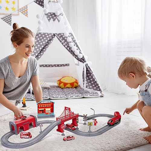 Vista 3 de Juegos de trenes para niños pequeños, 66 piezas de juguete de trenes con pilas y pistas (conexión magnética), compatible con Thomas, Brio, regalos