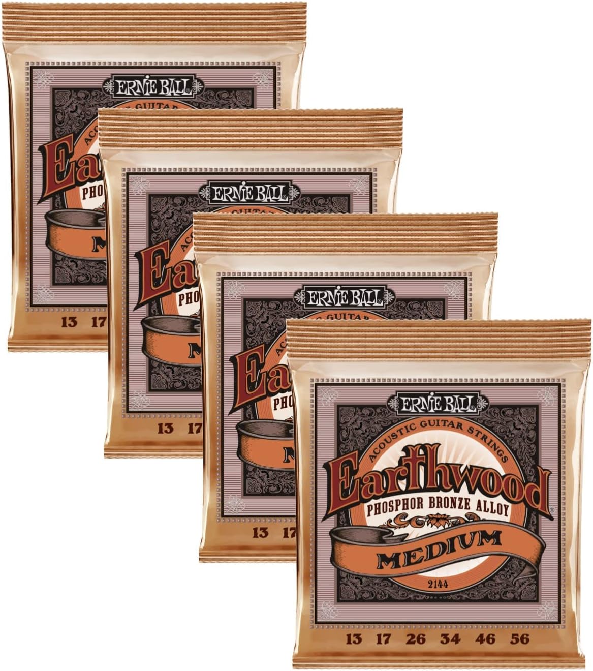 4 PACK Ernie Ball 2144 Earthwood Phosphor Bronze Alloy Med Strings (13-56)