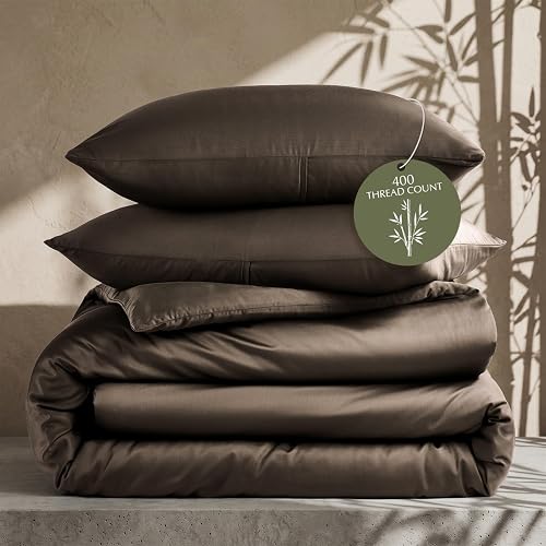 EverGrace 100% Rayon from Bamboo Duvet Cover Set, King Size, Dark Brown | 3-Piece 400TC Sateen Comforter Cover Bedding Set, Silky Soft, Cooling, Breathable for Hot Sleepers, 2 Pillow Shams, No Insert