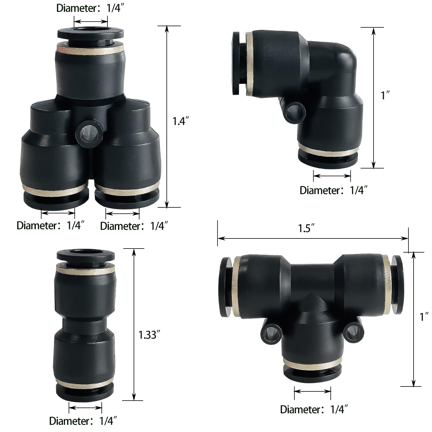 55 raccordi a spinta per collegare, a sgancio rapido, kit di raccordi per tubi pneumatici, 40 dritti, 5 splitter 5 a T, 5 gomiti (1/4" Od)